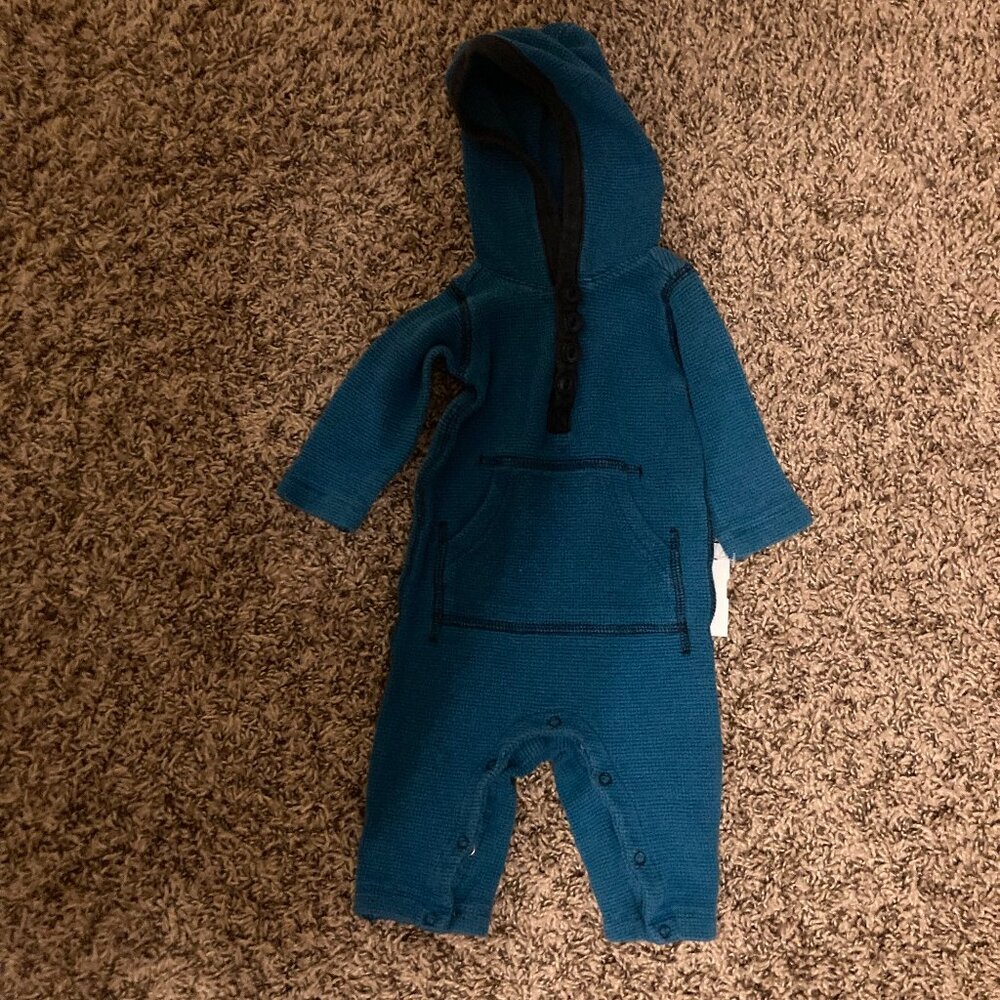 Tea Collection Romper 0-3 Months Blue Waffle Knit Hooded Long Sleeve Cotton